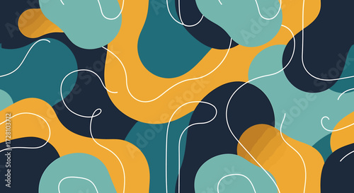Abstract pattern with overlapping, organic shapes in teal, mustard yellow, and dark teal colors, outlined with thin white lines.