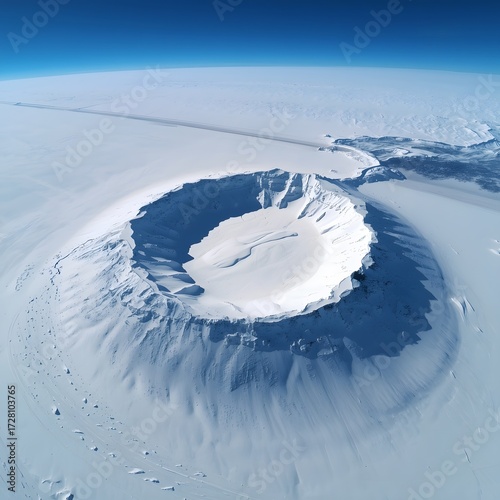 Aerial view of a massive snow-covered volcanic crater surrounded by icy terrain and rugged winter landscape under a cold sky, creating a dramatic natural formation backdrop and breathtaking adventure 