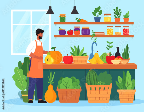 A man in an orange apron stands in a kitchen or produce store, surrounded by a vibrant display of fresh fruits, vegetables, and jars on shelves and counters.