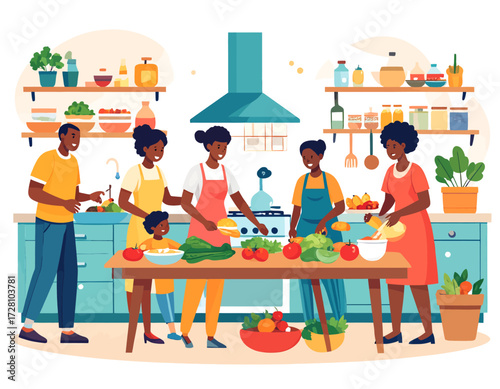 A diverse group of Black family members and friends cooking together in a modern kitchen, preparing fresh vegetables and fruits for a healthy meal.
