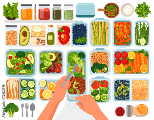 Overhead view of hands preparing healthy meal prep containers with a variety of fresh fruits, vegetables, and grains for a balanced diet.