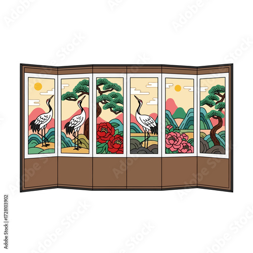 Traditional korean folding screen, known as minhwa, depicts cranes, pine trees, and peonies against scenic mountain landscape with sun