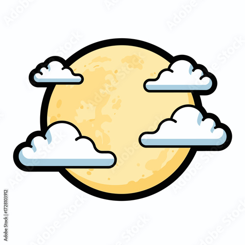 Cartoon bright yellow full moon partially obscured by fluffy clouds against dark, isolated on