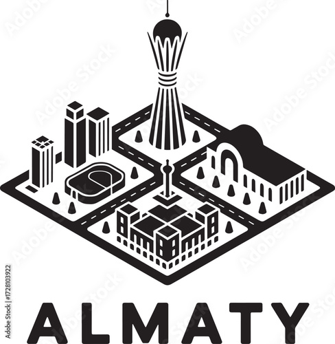 Almaty City Isometric Map Icon, Kazakhstan Landmark Buildings Streets Infographic Vector