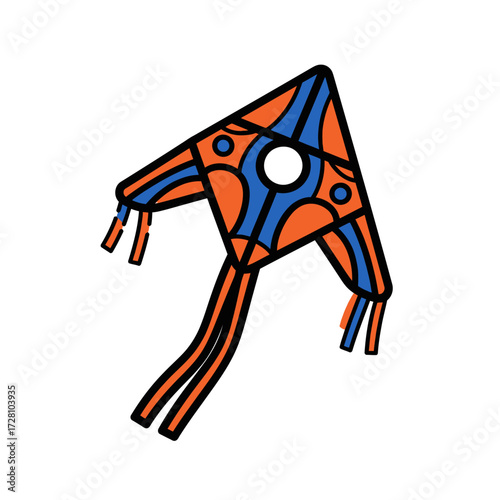 Colorful, geometric kite with red, blue, and yellow panels, and streamers, flying against, isolated on