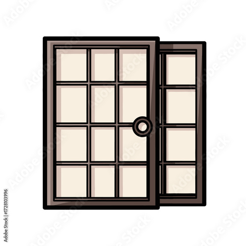 Dark brown framed sliding glass door with multiple panes and circular handle, isolated on