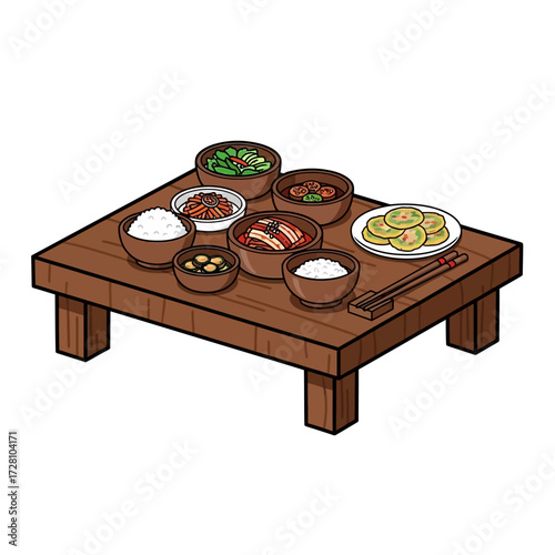 Traditional korean meal served on low wooden table with various dishes including rice, soup, and side dishes