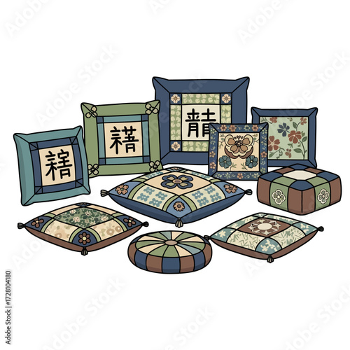 Collection decorative cushions and pillows with traditional asian motifs and calligraphy, arranged on