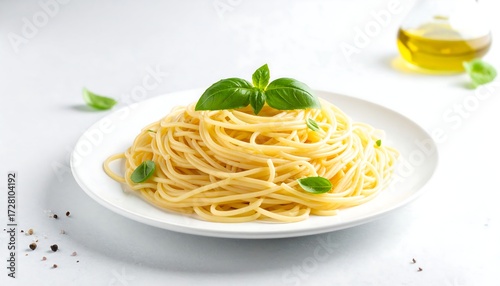 Cooked spaghetti on a white plate with basil