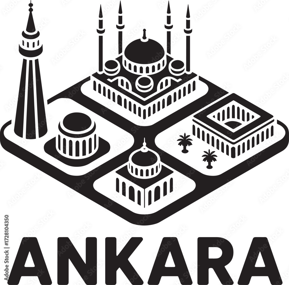 Fototapeta premium Ankara city skyline isometric icon vector illustration with landmarks and urban architecture