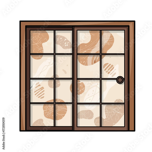 Stylized sliding glass door with wooden frame, featuring frosted glass panels with abstract organic shapes and patterns