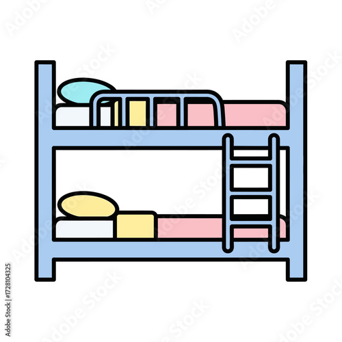 Simple, colorful blue bunk bed with pink and yellow bedding and ladder, suitable for childrens rooms or dormitories
