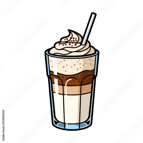 Refreshing layered iced coffee drink in tall glass, topped with whipped cream and sprinkled with cocoa powder, served with straw