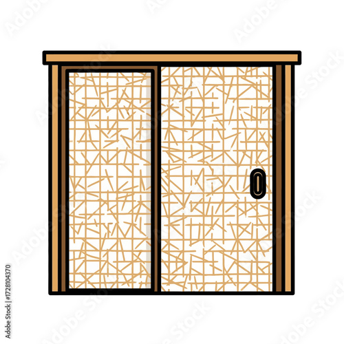 Traditional japanese sliding door, known as shoji screen, featuring wooden frame and translucent panel with an intricate, geometric pattern thin golden lines