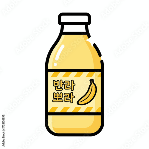 Cartoon yellow banana milk bottle with label featuring korean text and banana, isolated on