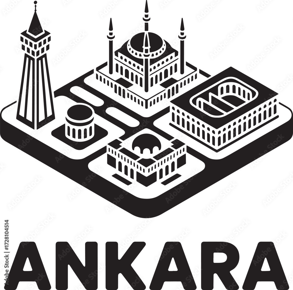 Fototapeta premium Ankara isometric map city silhouette vector famous landmarks architecture icon