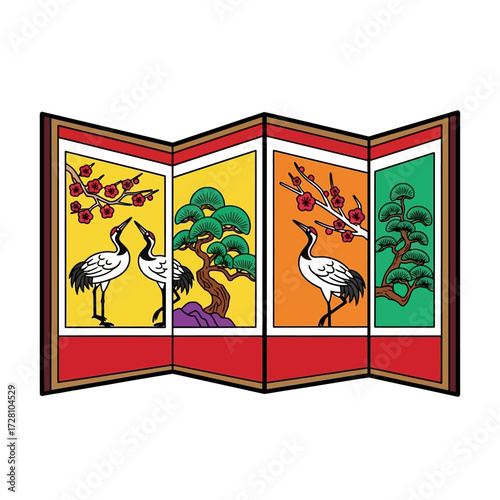 Folding screen with paintings cranes and pine trees, representing longevity and peace