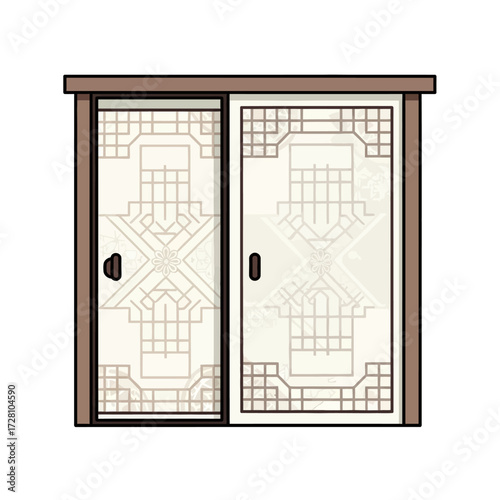 Traditional japanese sliding door with intricate geometric patterns and wooden frame, representing interior design and architecture