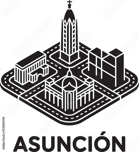 Asunción isometric skyline: iconic buildings and landmarks cityscape