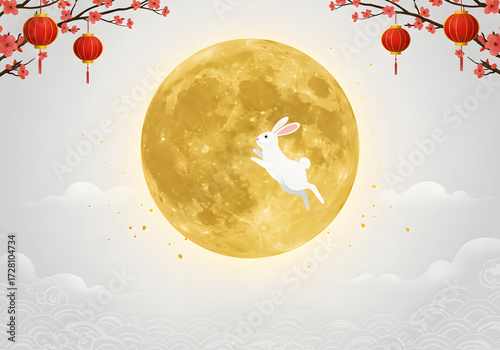 Mid-Autumn Festival Illustration Rabbit Jumping, Full Moon, Lanterns, Cherry Blossoms - Asian Culture