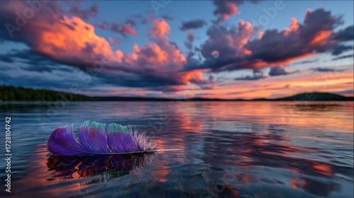 Colorful feather on calm lake sunset