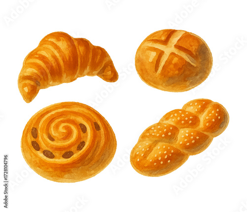 Assortment of fresh bakery breads and pastries watercolor vector clipart