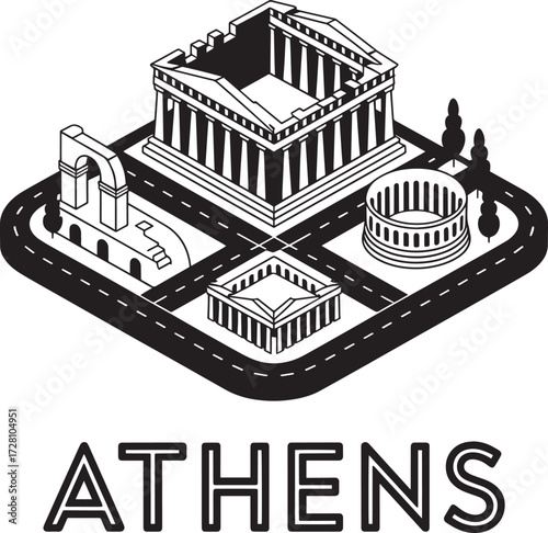 Athens Greece Isomeric Cityscape Design Capital City Ancient Monuments Acropolis Parthenon