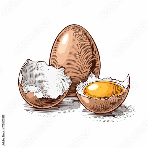 Hand-drawn illustration of farm-fresh eggs, featuring a whole egg, a cracked egg revealing its golden yolk, and an empty shell. Ideal for recipes, menus, or natural food themes.
