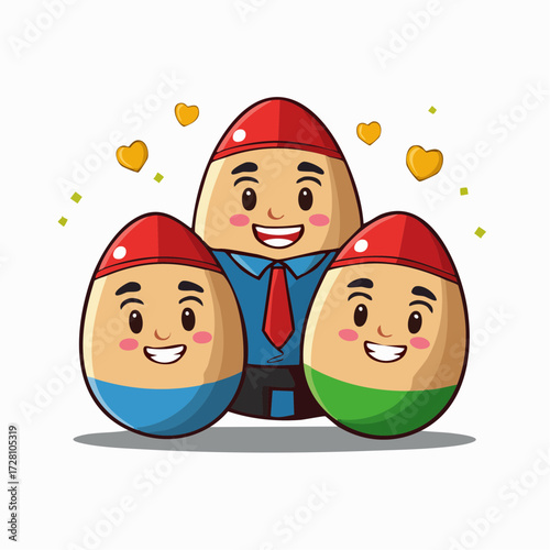 Adorable cartoon illustration of a happy egg family, featuring a parent and two children, sharing love and joy. Perfect for family-focused designs and kid-friendly content.