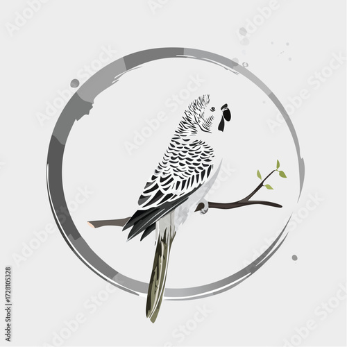 円形フレームとインコの墨絵風白黒ベクター素材
