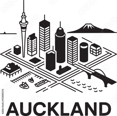 Auckland cityscape with iconic landmarks, New Zealand skyline, travel tourism illustration
