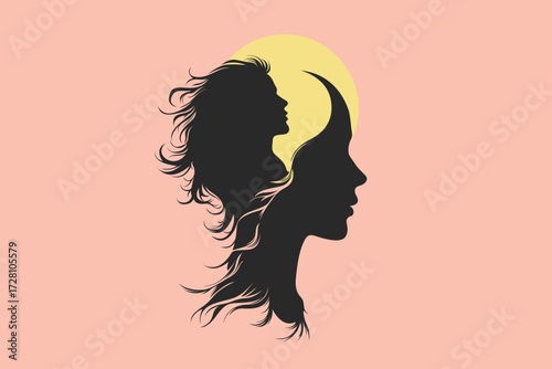 Girl and Woman Silhouette with Inner Profile – Abstract Mind, Brain and Performance Concept Illustration