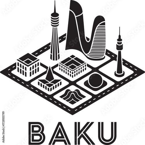 Baku city icon in isometric view stylized as black silhouette vector illustration