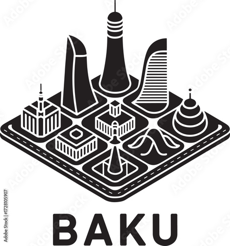 Baku Isometric Cityscape Map with Iconic Buildings and Road Layout Black Grey