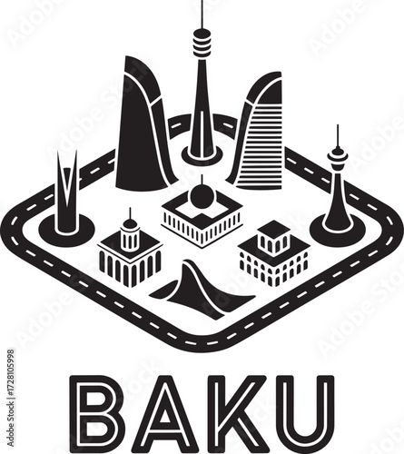 Baku isometric skyline: iconic buildings and landmarks cityscape (Version 2)