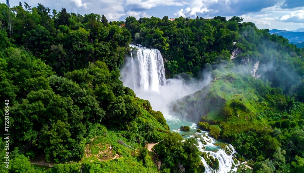 Fototapeta premium Lush waterfall cascading down a green hillside