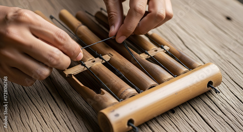 Close-up of hands tuning traditional angklung tubes on wooden table, photorealistic detail