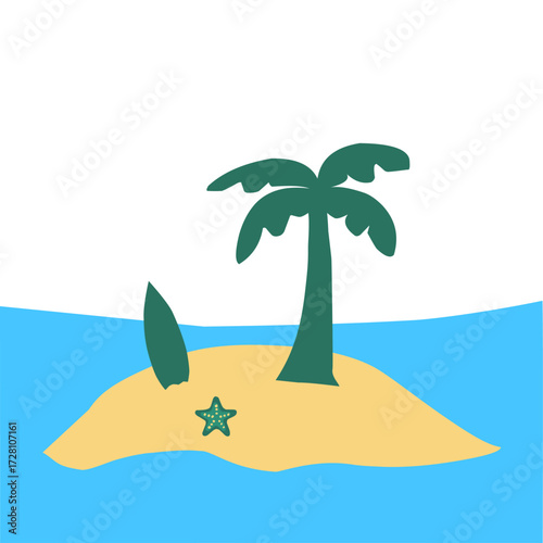 Tropical Island with Palm Tree and Surfboard Illustration