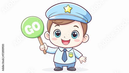 Cartoon Traffic Police Officer Directing Traffic with a 'Go' Sign, Ready for Action