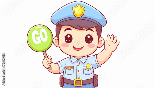 Cartoon police officer directing traffic with a 'GO' sign, waving, friendly illustration for kids