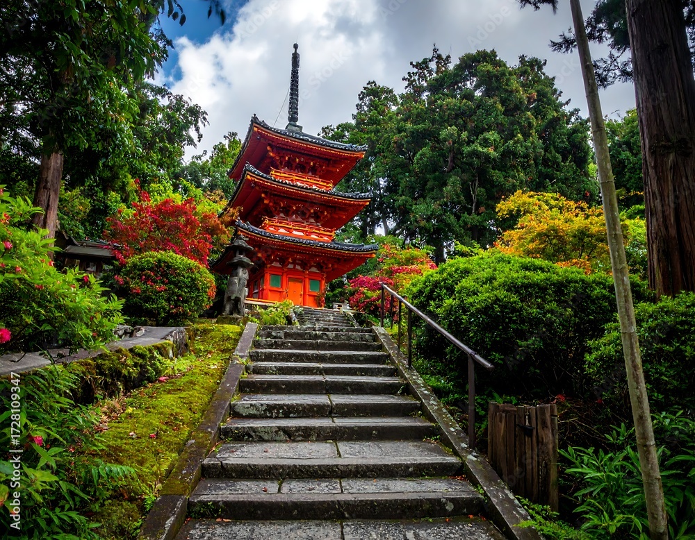 Fototapeta premium Vibrant Red Pagoda Ascends Stone Steps Amidst Lush Japanese Garden Foliage