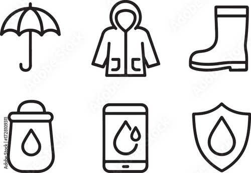 Essential weather protection icons including umbrella, raincoat, boots, waterproof bag, app, and shield symbol for all your rainy day needs