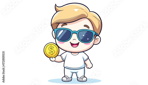 Cartoon Boy with Sunglasses Holding a Gold Coin Financial Success and Investment