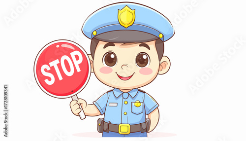 Cute Cartoon Police Officer Holding a Stop Sign A Friendly Reminder for Road Safety