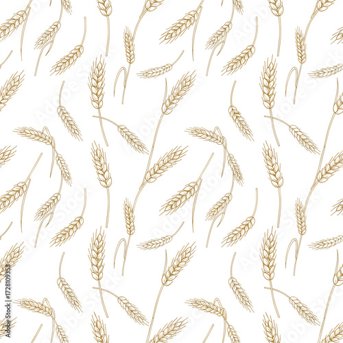 A seamless pattern of golden wheat stalks scattered across a clean white background.