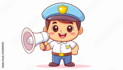 Cartoon Policeman Holding a Megaphone, Announcing, Alerting or Informing People with Authority