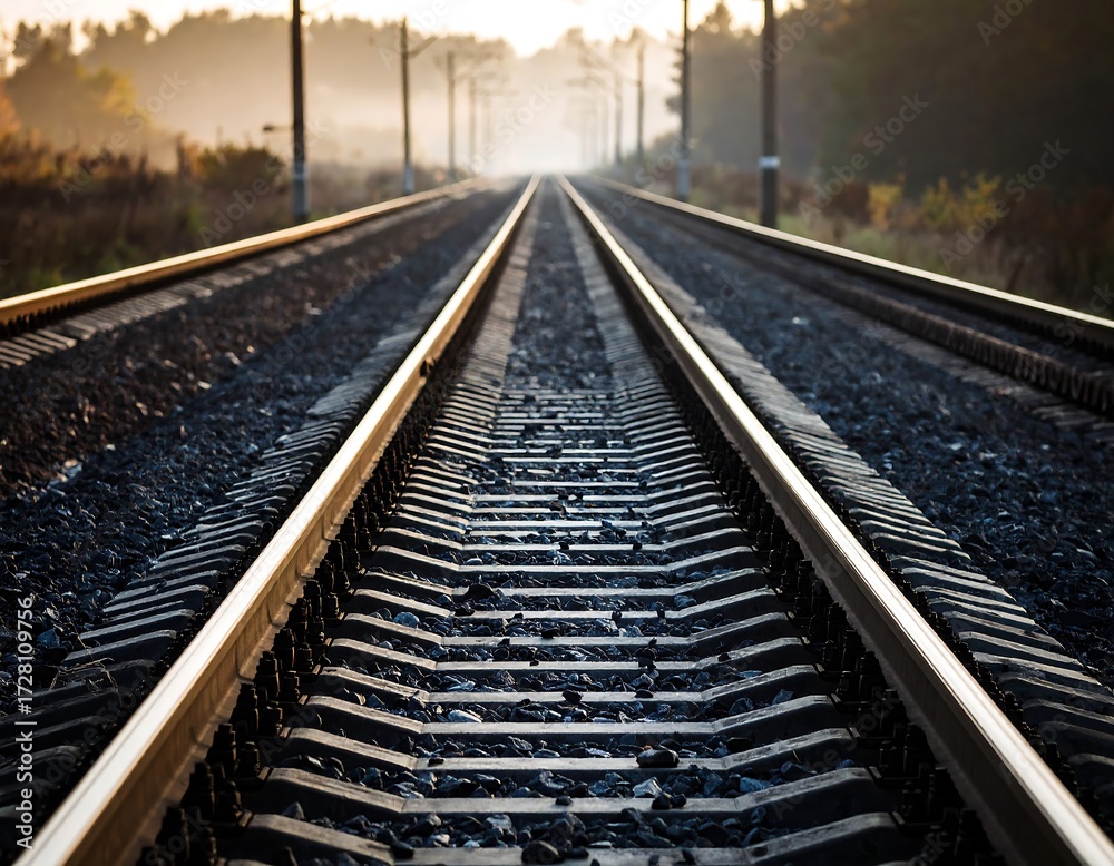 Fototapeta premium Railroad tracks stretching into a hazy sunrise