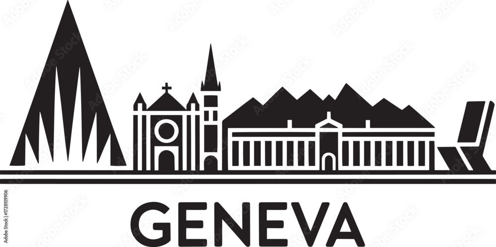 Fototapeta premium Geneva city skyline silhouette architecture illustration travel landmark building