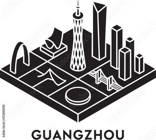 Guangzhou city isometric map silhouette with famous landmark buildings