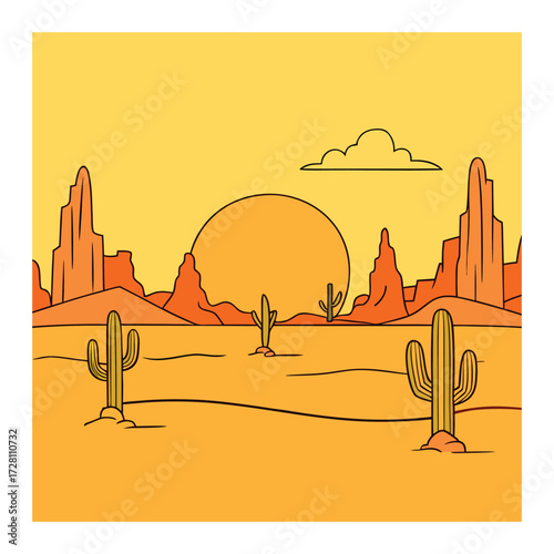 A vast Wild West desert stretches under a blazing yellow sky, with rugged mesas, cacti, and dusty trails capturing the sun-scorched, untamed frontier.
